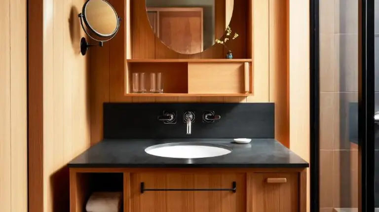 une salle de bain avec un lavabo et un miroir à Ace Hotel Kyoto à Kyoto