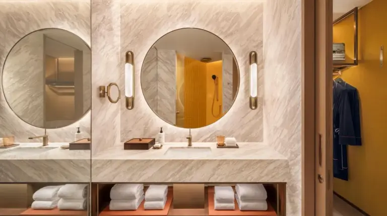 a bedroom with a large window with a city view at Andaz One Bangkok