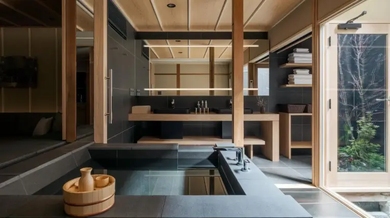a kitchen with black countertops and wooden ceilings at ANJIN Gosho Ebisugawa in Kyoto