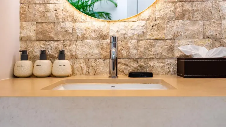 a bathroom sink with a mirror above it at Anzhu Seamate Villa Samui in Lamai