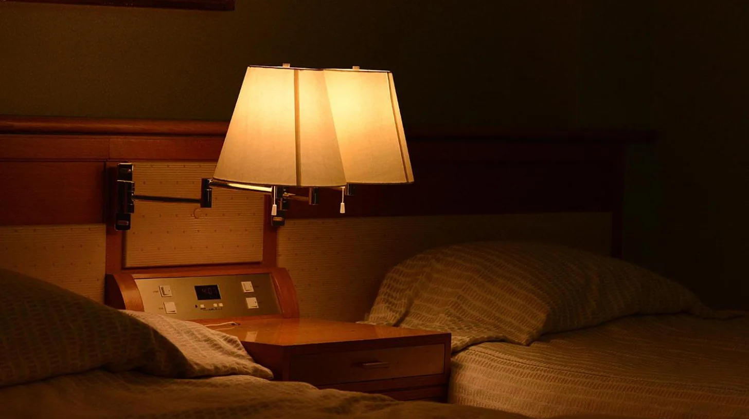 a lamp on a night stand next to a bed at Arima Onsen Gekkoen Korokan in Kobe