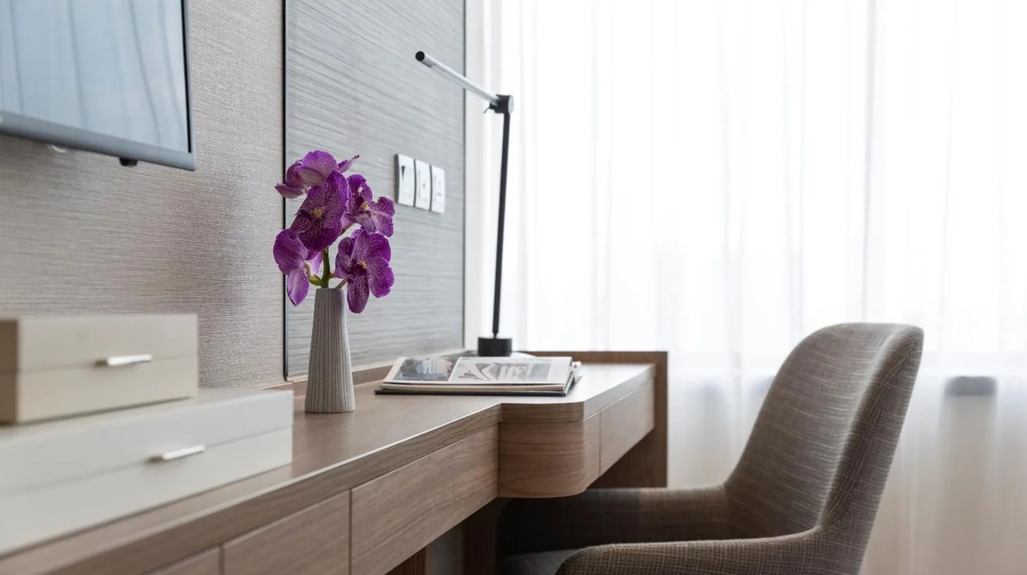 a desk with a vase of purple flowers and a chair at Ascott Embassy Sathorn Bangkok in Bangkok