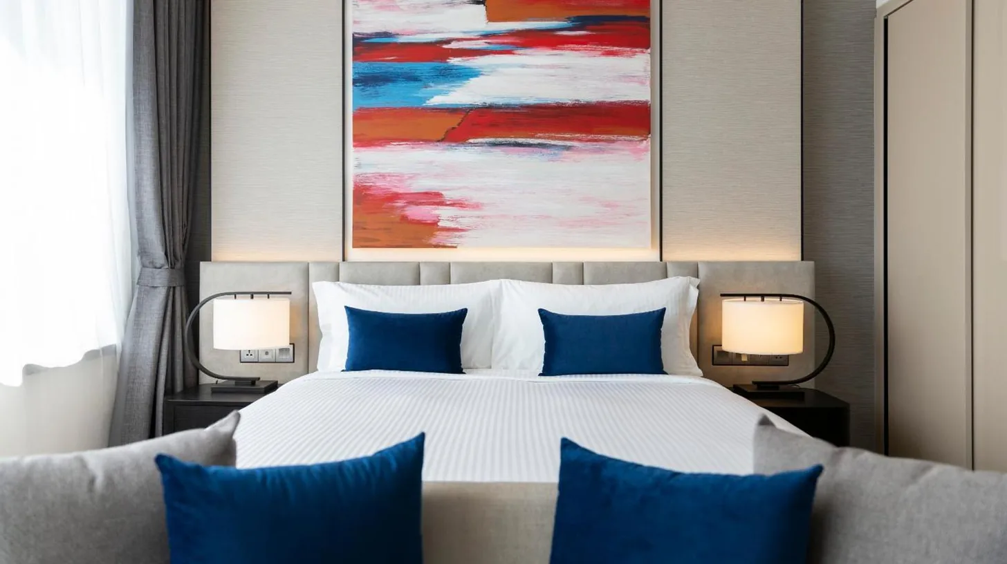a bedroom with a bed with blue pillows and a painting at Ascott Embassy Sathorn Bangkok in Bangkok