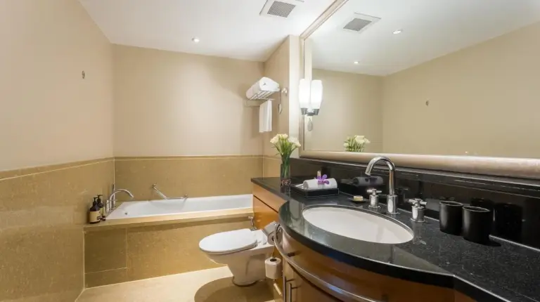 un baño con un lavabo, un inodoro y una bañera en Ascott Sathorn Bangkok en Bangkok