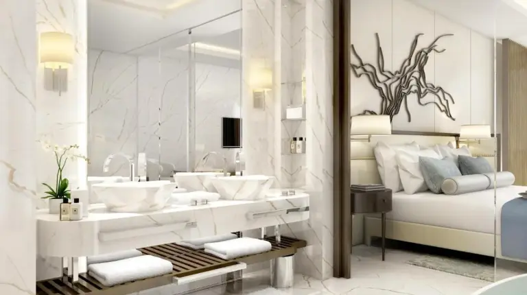 a rendering of a bathroom with a tub and a bedroom at Atlantis The Royal in Dubai