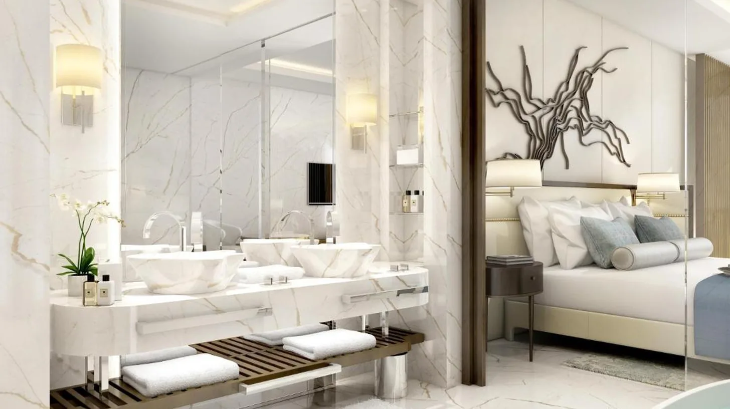 a rendering of a bathroom with a tub and a bedroom at Atlantis The Royal in Dubai