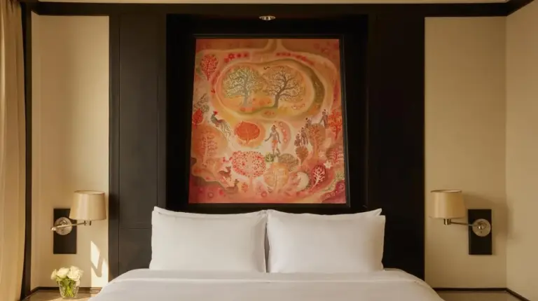 una habitación con una cama con una pintura encima en Banyan Tree Bangkok en Bangkok