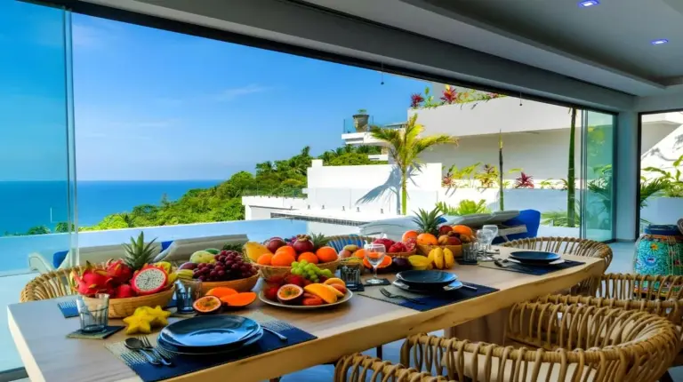 une table avec fruits et lÃ©gumes sur un balcon Ã  BLUE BUTTERFLY Luxury Pool Villa Koh Samui Ã  Koh Samui