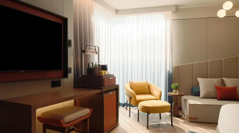 a hotel room with a television and a bedroom at Canopy By Hilton Bangkok Sukhumvit in Bangkok