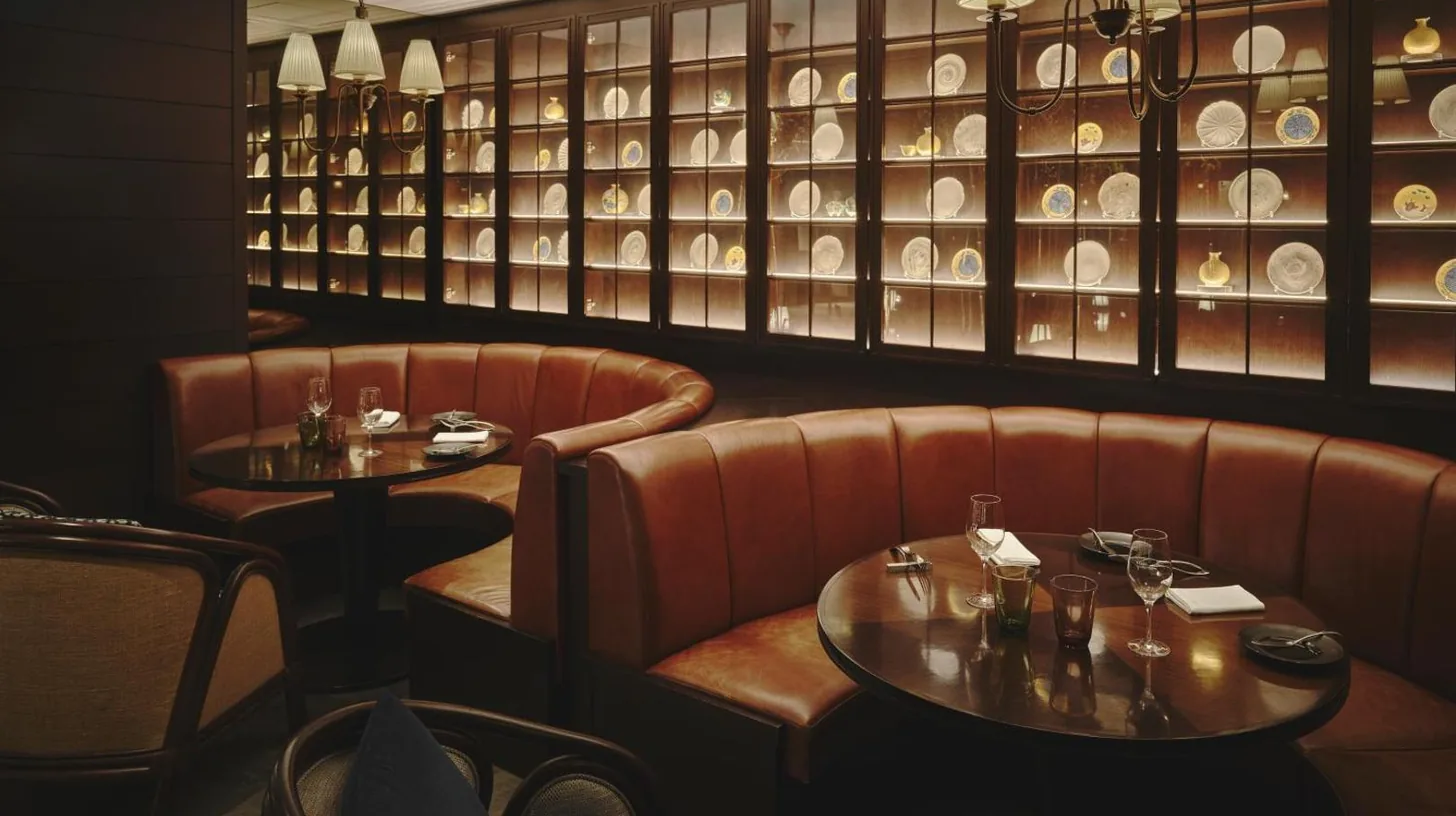 a restaurant with tables and chairs and wine bottles at Dhawa Yura Kyoto in Kyoto