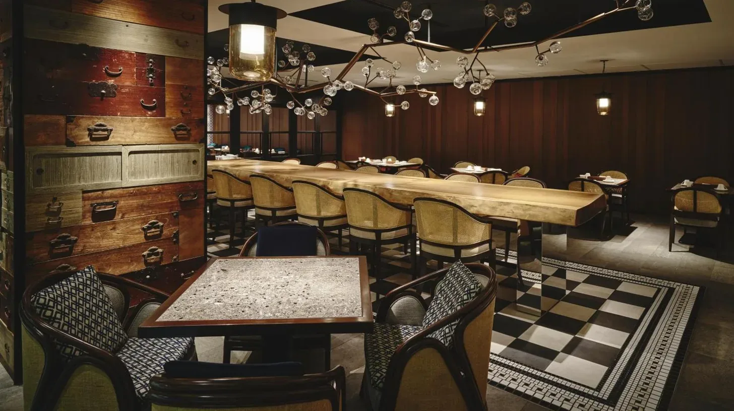 a man in a restaurant with a table with food at Dhawa Yura Kyoto in Kyoto