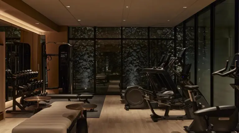 ein Fitnessstudio mit Laufbändern und Ellipsentrainern im Dusit Thani Kyoto in Kyoto