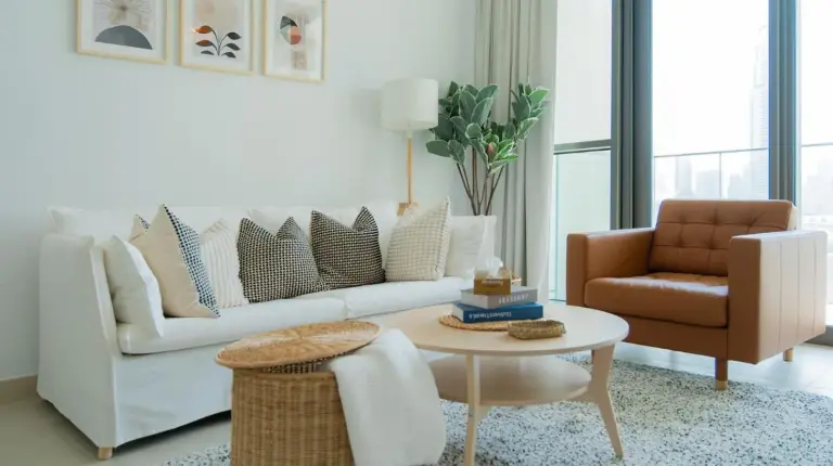 una sala de estar con un sofá, una mesa y una silla en Elite Escape Holiday Home - 2 BHK Getaway with Burj Khalifa View and Dubai Mall Access - 1504 en Dubái