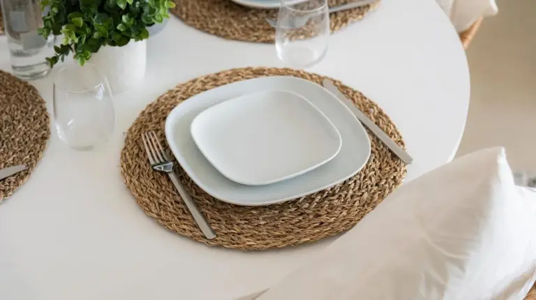 a white table with plates and napkins on top of a table at Elite Escape Holiday Home - 2 BHK Getaway with Burj Khalifa View and Dubai Mall Access - 1507 in Dubai