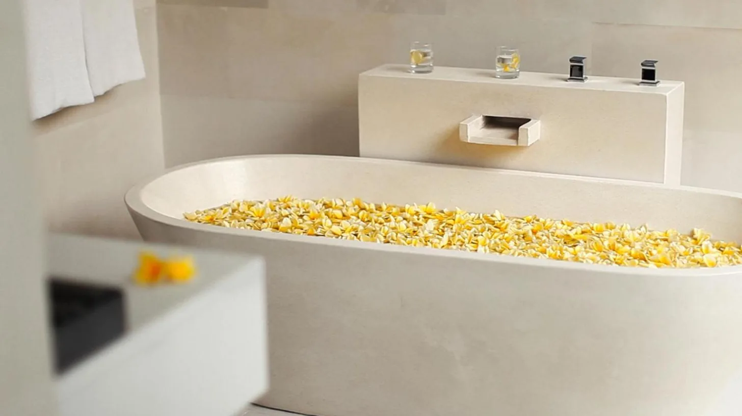 a bathroom with a tub filled with popcorn at eqUILIBRIA Seminyak in Seminyak