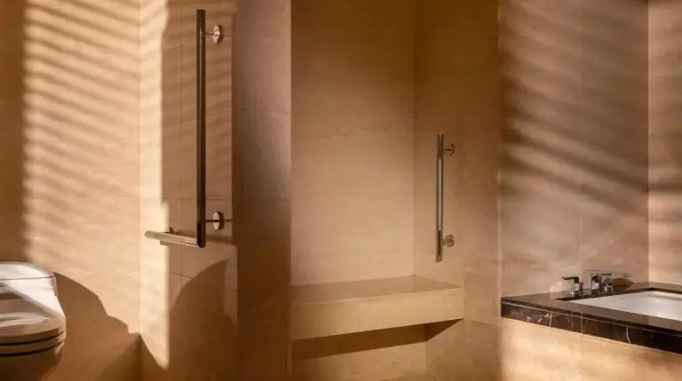 a bathroom with a shower and a toilet and a sink at Fairmont Jakarta in Jakarta