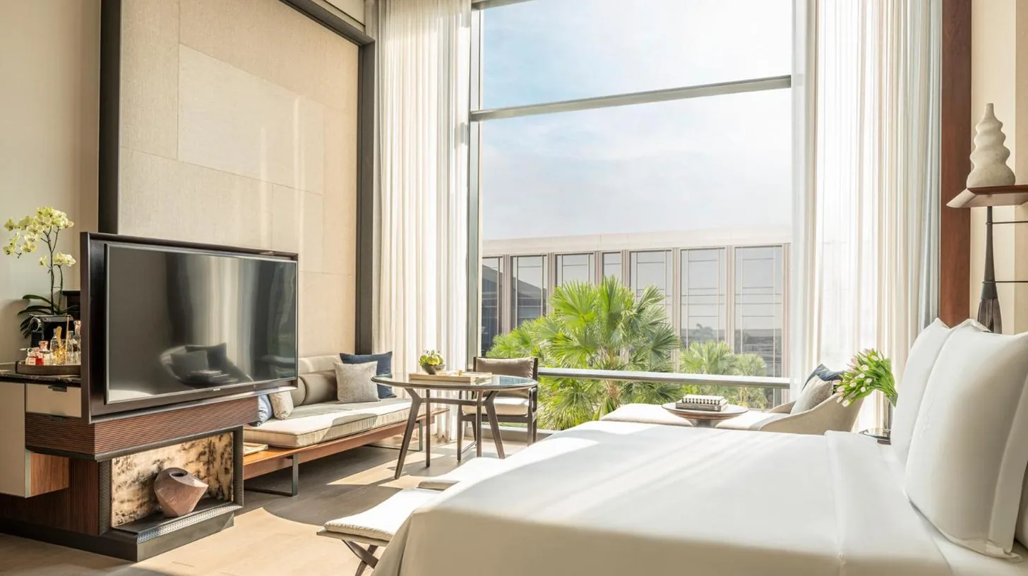 una habitación con una cama y una gran ventana en Four Seasons Hotel Bangkok at Chao Phraya River en Bangkok