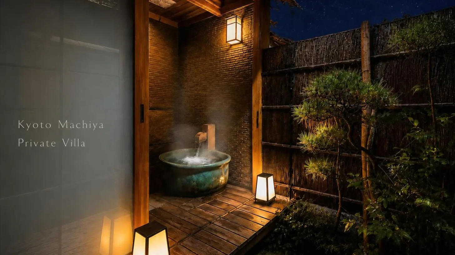 a bathroom with a tub on a deck with lights at Futaai Kyoto Machiya Private Villa in Kyoto