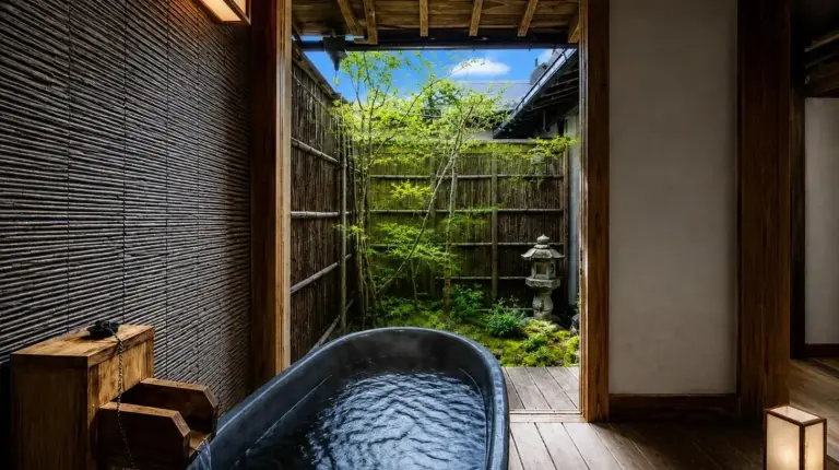 a bath tub in a room with a window at Futaai Kyoto Machiya Private Villa in Kyoto
