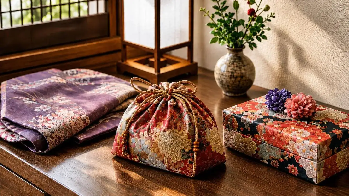 a table with two boxes and a vase with flowers at Futaai Kyoto Machiya Private Villa in Kyoto