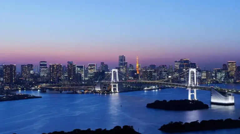 a view of a city with a bridge at night at Grand Nikko Tokyo Daiba in Tokyo