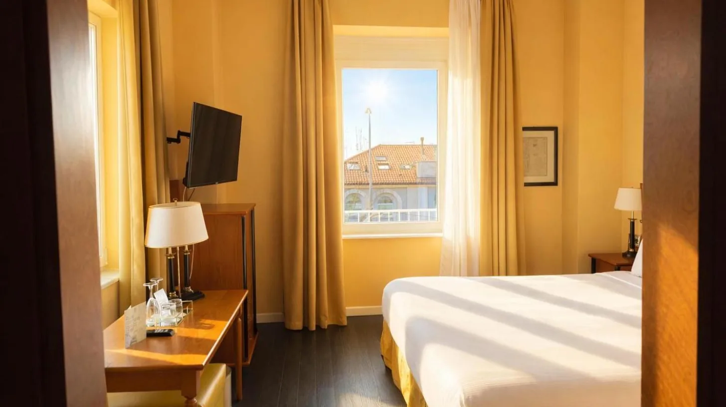 a hotel room with a bed and a window at Greif Hotel & Spa in Trieste