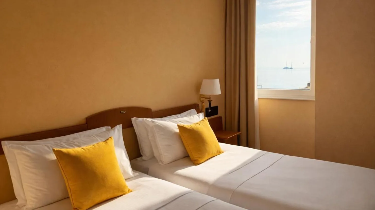 a living room with a table and a kitchen at Greif Hotel & Spa in Trieste