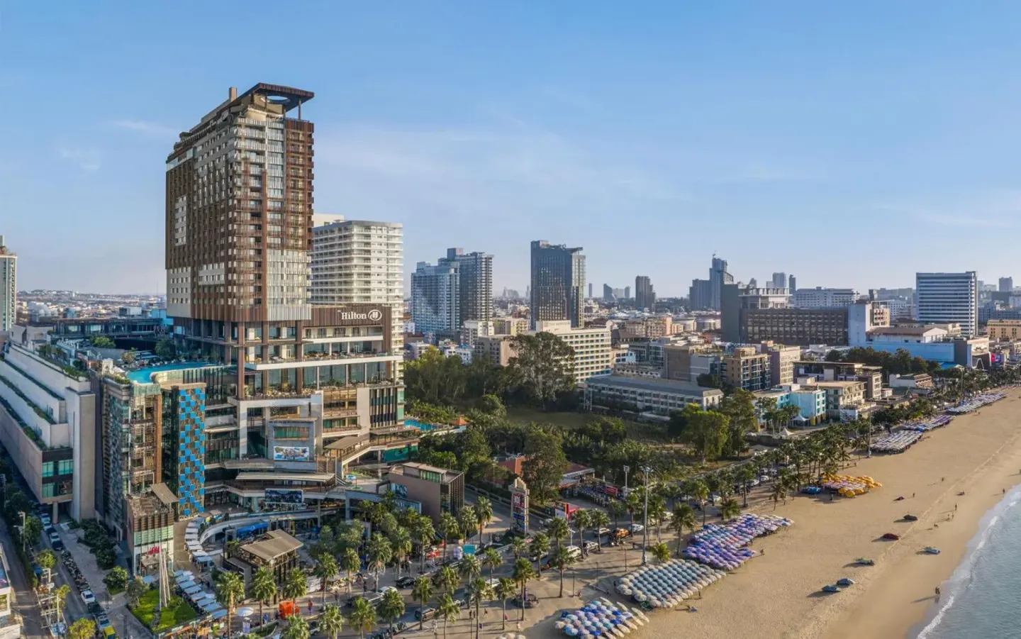 Aerial view of Hilton Pattaya showcasing its modern architecture and beachfront location