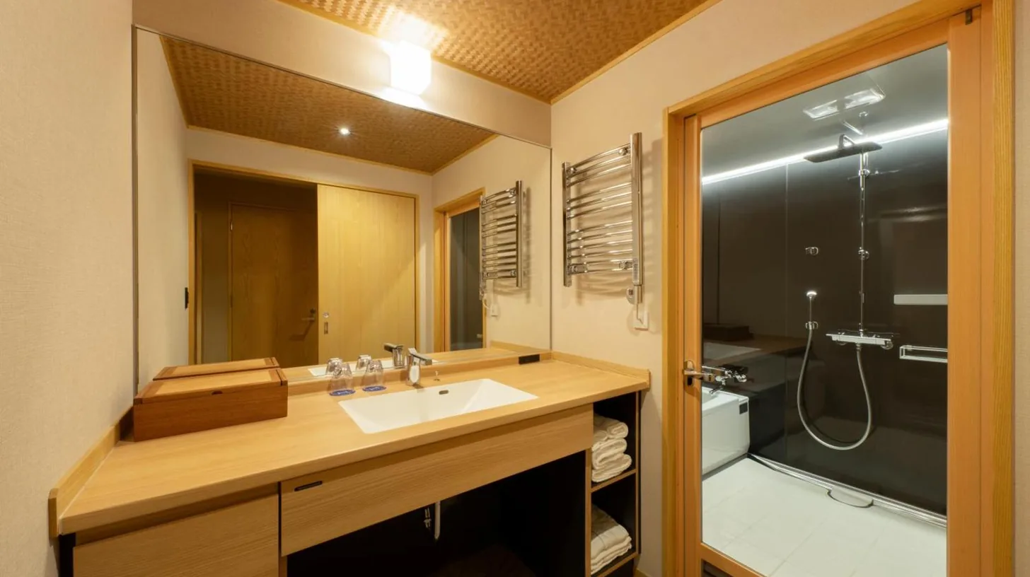 a bathroom with a sink and a shower at Homm Stay Nagi Shijo Kyoto By Banyan Group in Kyoto