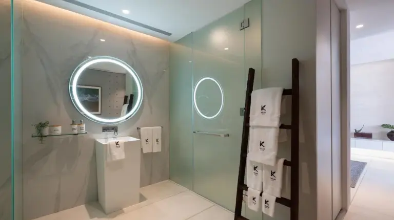 a bathroom with a mirror and a shower with towels at Kerem Luxury Beachfront Villas in Choeng Mon Beach