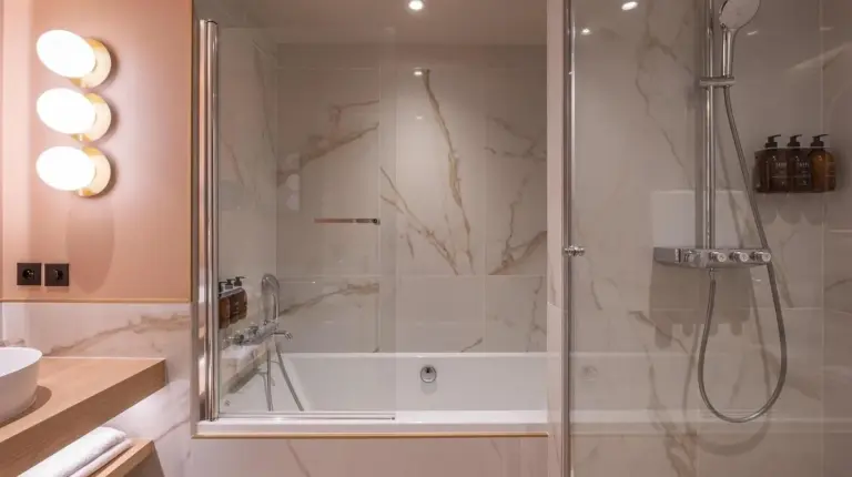 a bathroom with a shower with a glass door at Hôtel Burdigala by Inwood Hotels in Bordeaux
