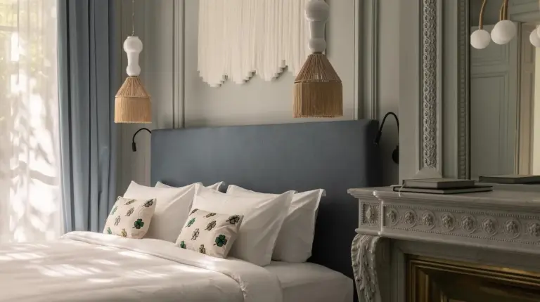 a bedroom with a bed with pillows and a fireplace at Hotel des Quinconces Bordeaux Centre in Bordeaux