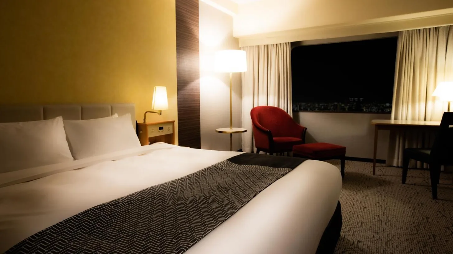 une lampe posée sur une table devant un rideau à l'Hotel New Otani Hakata à Fukuoka