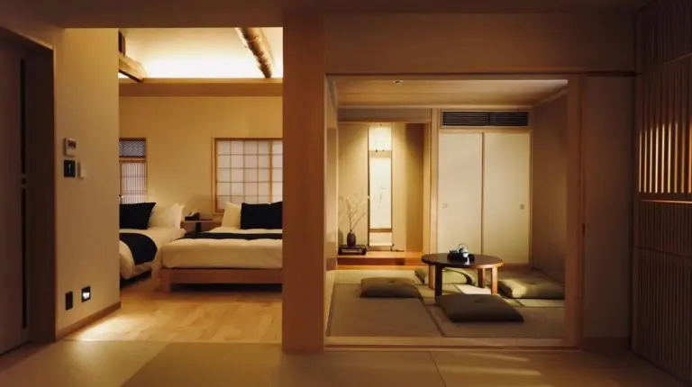 un salon avec un lit et une chambre avec une table à Ishibekoji Muan à Kyoto