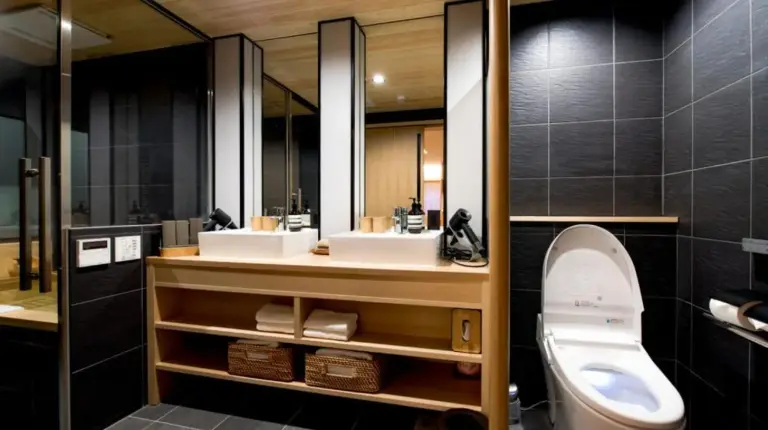 une salle de bain avec deux lavabos et des toilettes à Ishibekoji Muan à Kyoto