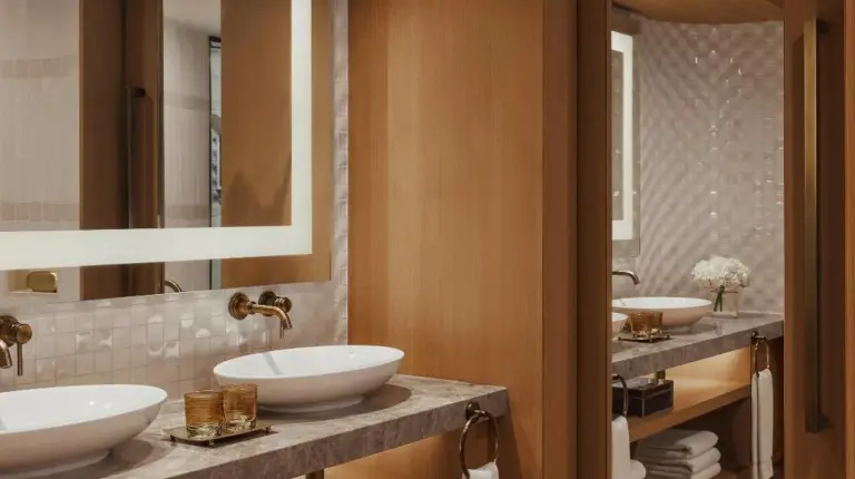 a bathroom with two sinks and a mirror at Jumeirah Beach Hotel Dubai in Dubai