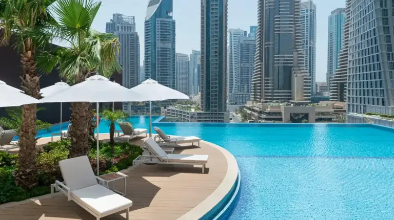 a pool with chairs and umbrellas and a city skyline at Jumeirah Living Marina Gate in Dubai