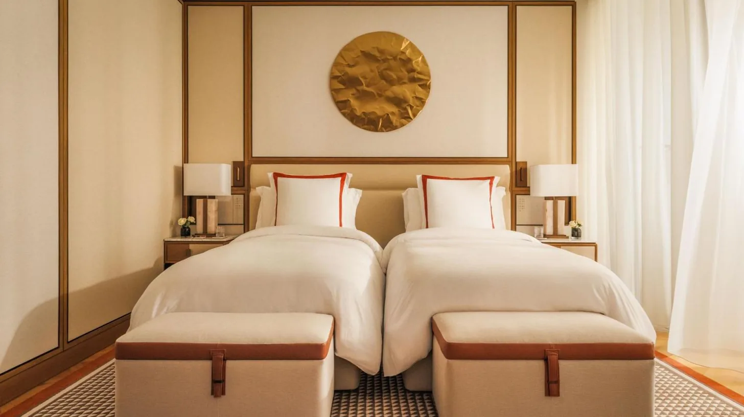 a bedroom with a large white bed and a living room at Jumeirah Marsa Al Arab Dubai in Dubai