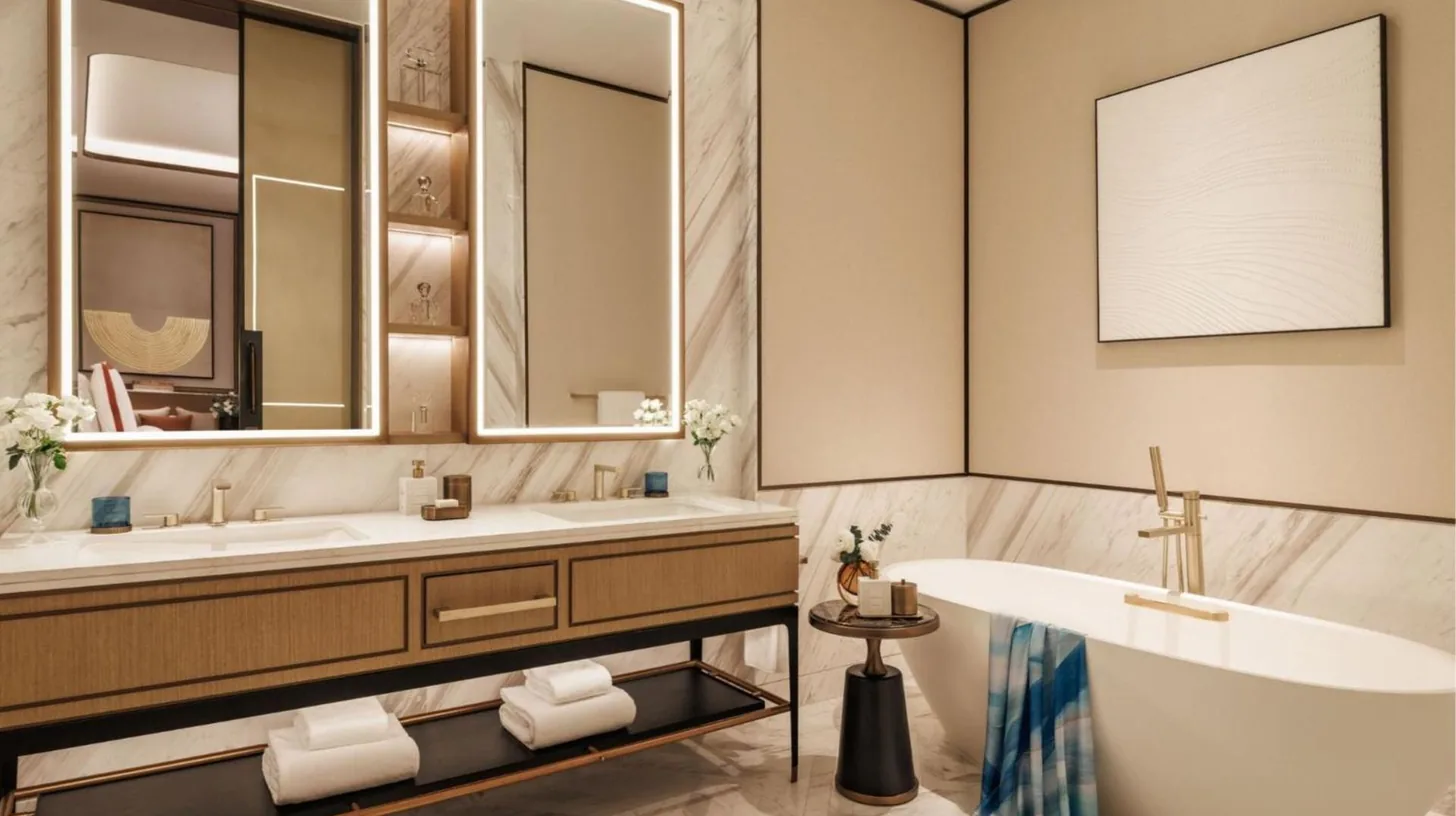 a bathroom with a row of urinals and cabinets at Jumeirah Marsa Al Arab Dubai in Dubai