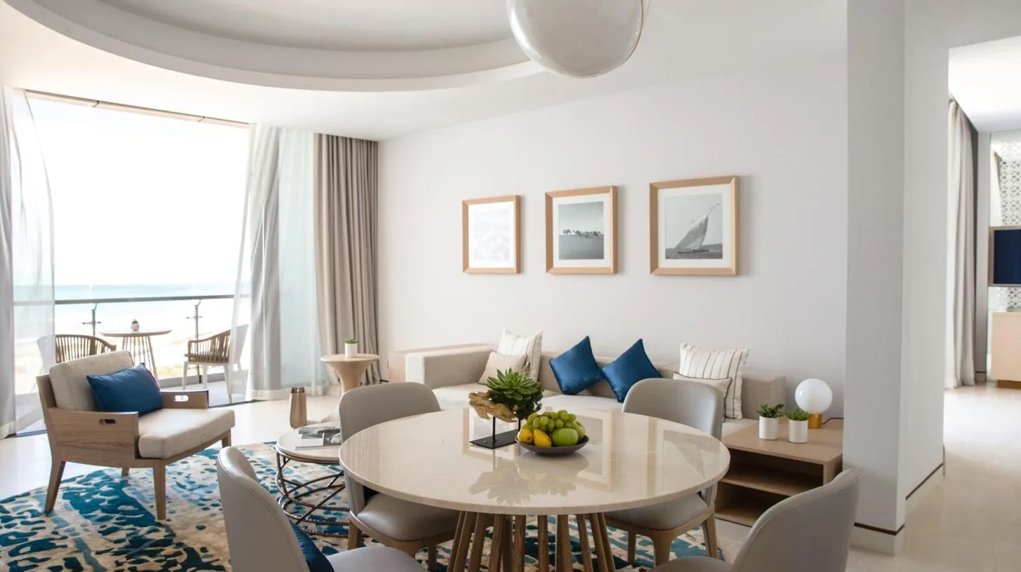a living room with a table and chairs at Jumeirah Saadiyat Island Abu Dhabi in Abu Dhabi