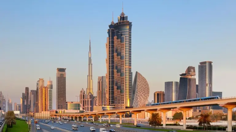 a view of a city with a highway and buildings at JW Marriott Marquis Hotel Dubai in Dubai