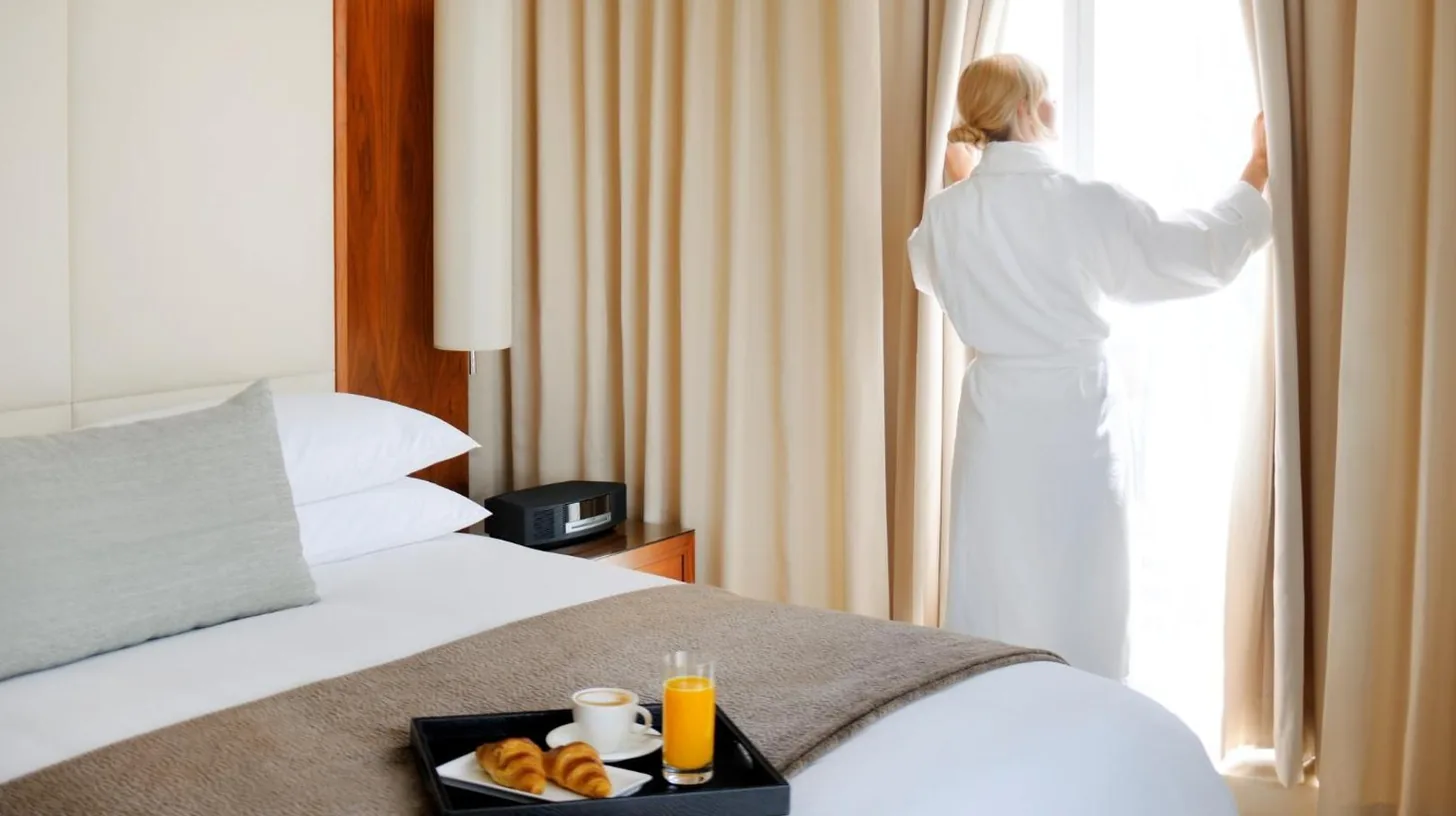 a woman in a hotel room looking out the window at JW Marriott Marquis Hotel Dubai in Dubai