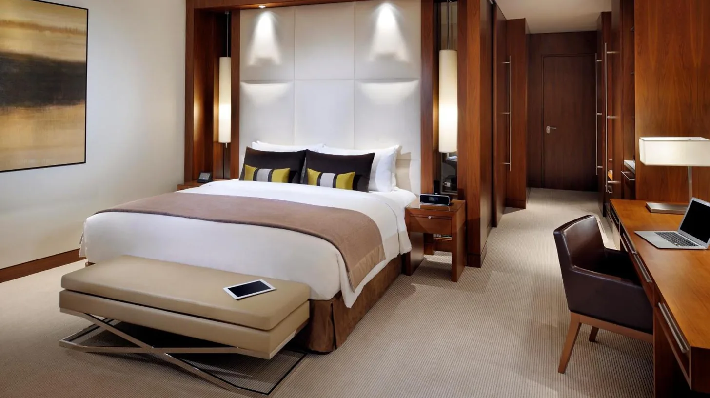 a hotel room with a large bed and a desk at JW Marriott Marquis Hotel Dubai in Dubai