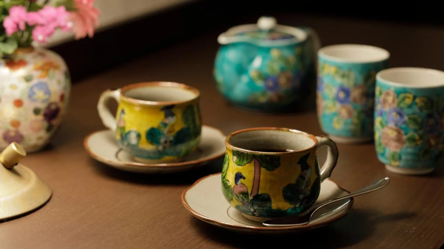 a table with three cups and saucers on it at Kanazawa Hakuchoro Hotel Sanraku -Natural Hot Spring- in Kanazawa