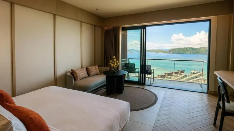 a hotel room with a bed and a view of the ocean at Katamaran Hotel & Resort Komodo in Labuan Bajo