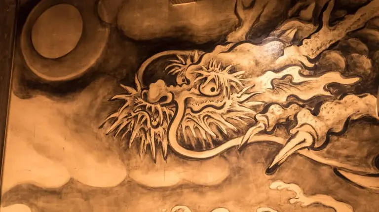 a painting of a dragon on a wall at Kiraku Kyoto Gion in Kyoto