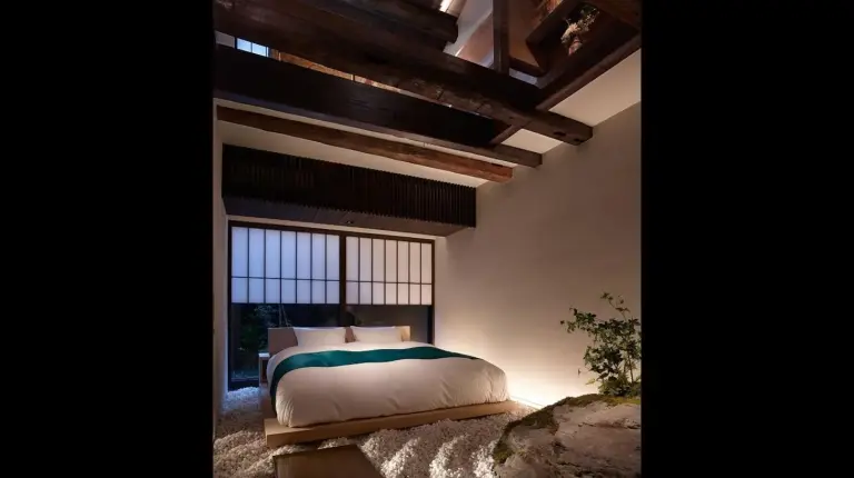 Ein Schlafzimmer mit Bett und großem Fenster im Kiraku Kyoto Honmachi in Kyoto