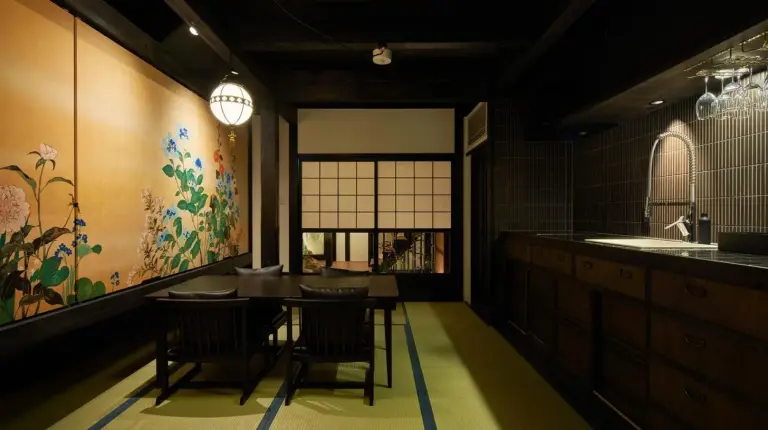 une cuisine avec une table, des chaises et un évier à 季楽 京都 凛葩 Kiraku Kyoto Rinpa à Kyoto