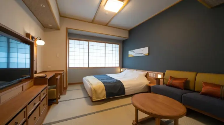 une chambre avec un lit, un canapé et une télévision à Kyoto Umekoji Kadensho à Kyoto