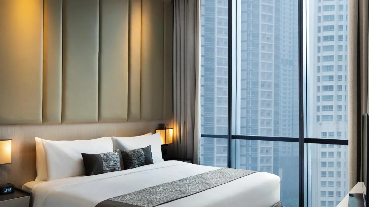 a bedroom with a large bed and a large window at Mangkuluhur Residences by Lorin in Jakarta